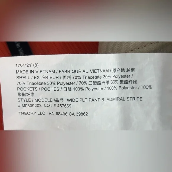 Theory Wide-Leg Pleated Pants Admiral Stripe Orange Poppy Size 8 - Picture 9 of 9